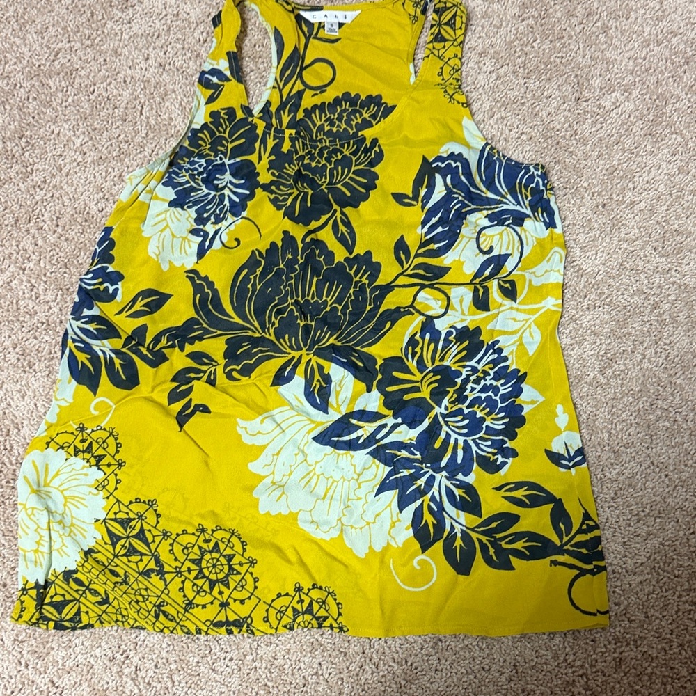 CAbi Yellow Floral Racerback Tank with Navy and White Prints